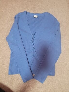 Abercrombie & Fitch Blue Ribbed V-Neck Lace-Up Sweater
